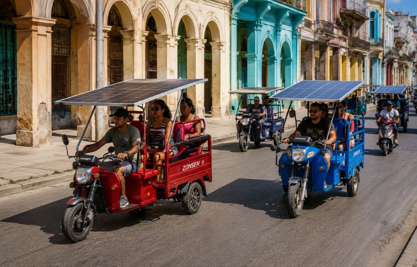 Chinese-made electric tricycles with solar charging are helping Cubans overcome fuel shortages and frequent blackouts.