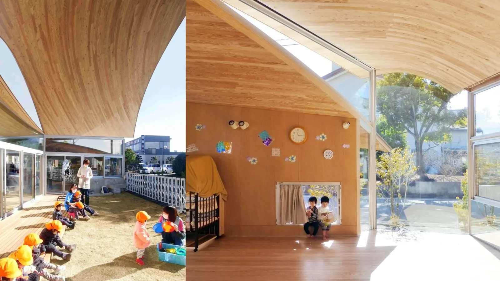 Toranoko Nursery in Japan Creates a Community Space Beneath a Sculptural Curved Roof
